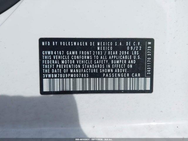 46103831 :رقم المزاد ، 3VWBM7BU9PM007863 vin ، 2023 Volkswagen Jetta 1.5t Sport مزاد بيع