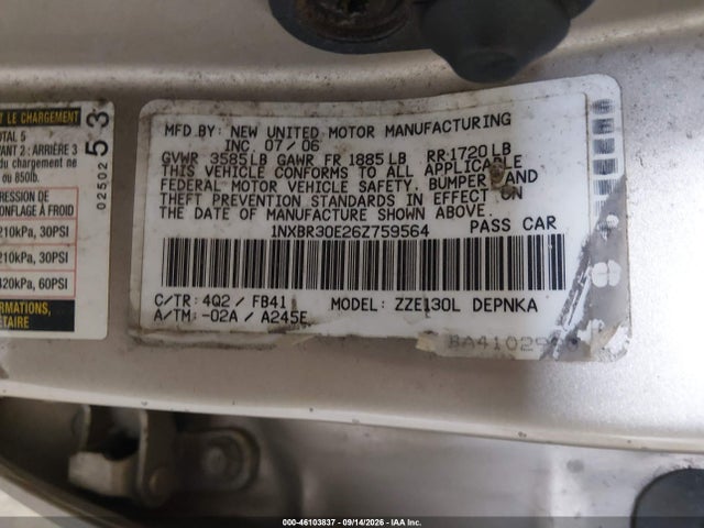 Aukcja sprzedaży 2006 Toyota Corolla Ce/le/s, vin: 1NXBR30E26Z759564, numer aukcji: 46103837
