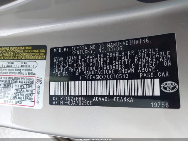 2007 Toyota Camry Le მანქანა იყიდება აუქციონზე, vin: 4T1BE46KX7U010513, აუქციონის ნომერი: 46103840