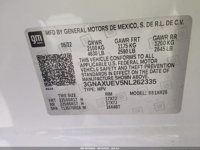 2022 Chevrolet Equinox Awd Lt მანქანა იყიდება აუქციონზე, vin: 3GNAXUEV5NL262335, აუქციონის ნომერი: 46103843
