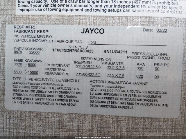 Aukcja sprzedaży 2022 Ford F53, vin: 1F66F5DN7N0A00423, numer aukcji: 46103852