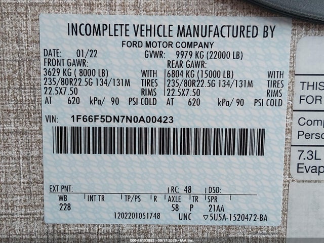 Aukcja sprzedaży 2022 Ford F53, vin: 1F66F5DN7N0A00423, numer aukcji: 46103852