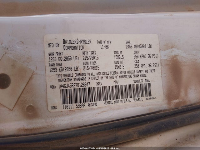 2007 Chrysler Town & Country მანქანა იყიდება აუქციონზე, vin: 1A4GJ45R27B128047, აუქციონის ნომერი: 46103854