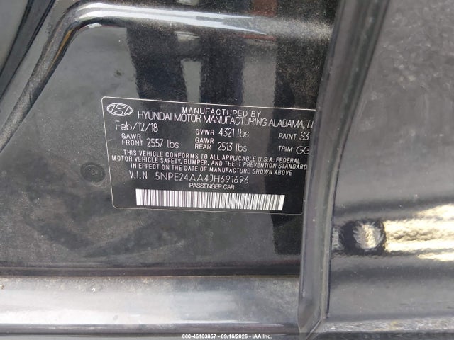 2018 Hyundai Sonata Eco მანქანა იყიდება აუქციონზე, vin: 5NPE24AA4JH691696, აუქციონის ნომერი: 46103857