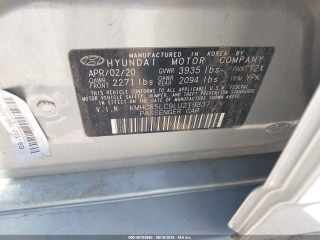 Продаж на аукціоні авто 2020 Hyundai Ioniq Hybrid Blue, vin: KMHC65LC9LU219837, номер лоту: 46103860
