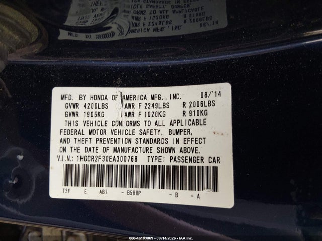 Aukcja sprzedaży 2014 Honda Accord Lx, vin: 1HGCR2F30EA300768, numer aukcji: 46103869