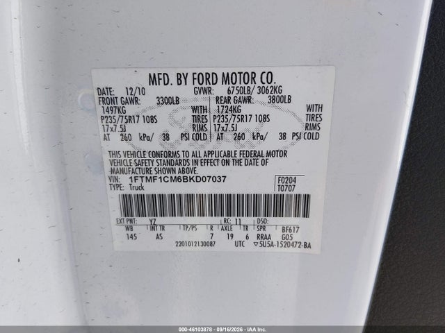 Продаж на аукціоні авто 2011 Ford F-150 Xl, vin: 1FTMF1CM6BKD07037, номер лоту: 46103878