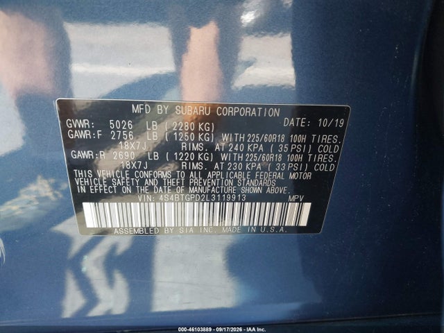 46103889 :رقم المزاد ، 4S4BTGPD2L3119913 vin ، 2020 Subaru Outback Touring Xt مزاد بيع