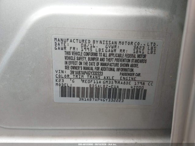 Aukcja sprzedaży 2016 Nissan Sentra S, vin: 3N1AB7AP4GY332223, numer aukcji: 46103895
