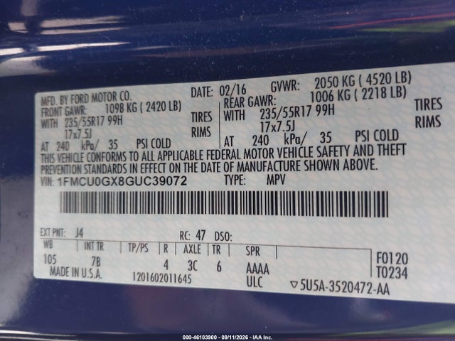 2016 Ford Escape Se მანქანა იყიდება აუქციონზე, vin: 1FMCU0GX8GUC39072, აუქციონის ნომერი: 46103900