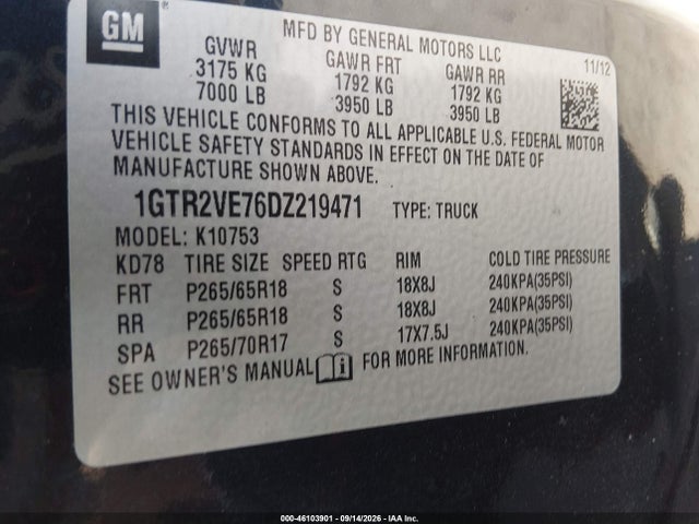 46103901 :رقم المزاد ، 1GTR2VE76DZ219471 vin ، 2013 Gmc Sierra 1500 Sle مزاد بيع