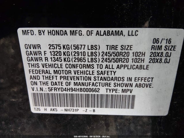 46103906 :رقم المزاد ، 5FRYD4H94HB000662 vin ، 2017 Acura Mdx Advance   Entertainment Pkgs مزاد بيع