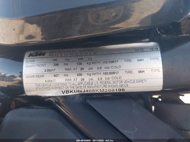 Продаж на аукціоні авто 2019 Husqvarna Svartpilen 401, vin: VBKUNJ408KM266198, номер лоту: 46103909