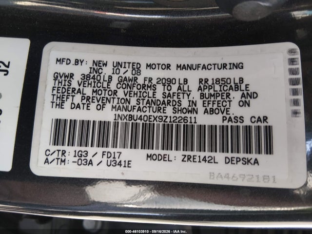 Продажа на аукционе авто 2009 Toyota Corolla S, vin: 1NXBU40EX9Z122611, номер лота: 46103910