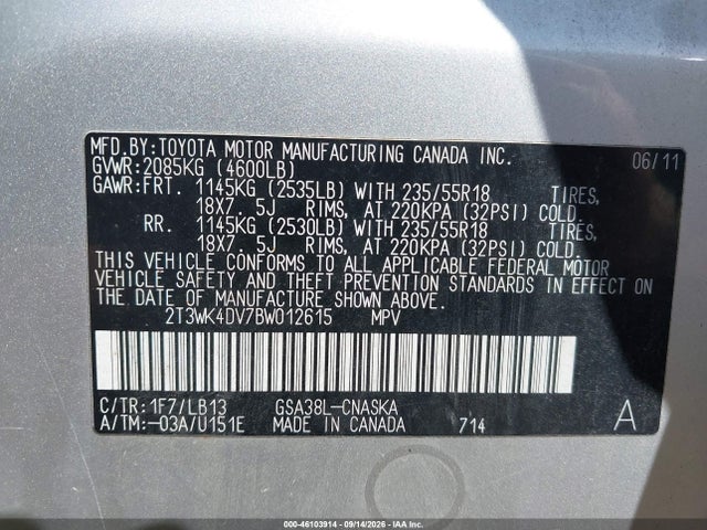 Продажа на аукционе авто 2011 Toyota Rav4 Sport V6, vin: 2T3WK4DV7BW012615, номер лота: 46103914