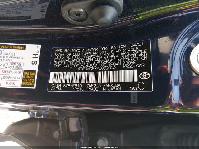 Продаж на аукціоні авто 2021 Toyota Corolla Hybrid Le, vin: JTDEAMDEXMJ032003, номер лоту: 46103916