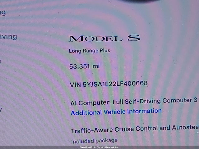 2020 Tesla Model S Long Range Dual Motor All-wheel Drive/long Range Plus Dual Motor All-wheel Drive მანქანა იყიდება აუქციონზე, vin: 5YJSA1E22LF400668, აუქციონის ნომერი: 46103918