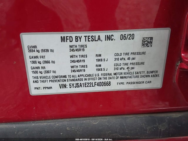 2020 Tesla Model S Long Range Dual Motor All-wheel Drive/long Range Plus Dual Motor All-wheel Drive მანქანა იყიდება აუქციონზე, vin: 5YJSA1E22LF400668, აუქციონის ნომერი: 46103918