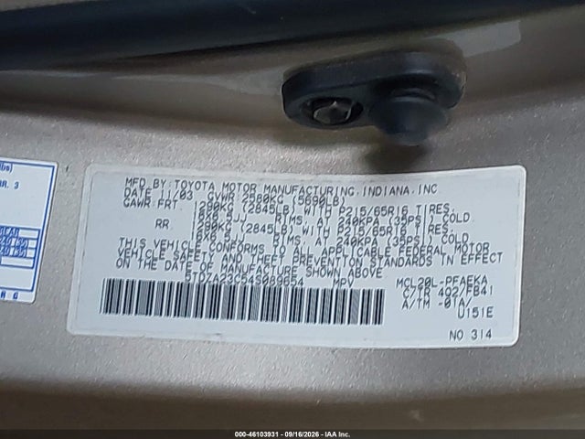 Продаж на аукціоні авто 2004 Toyota Sienna Le, vin: 5TDZA23C54S089654, номер лоту: 46103931