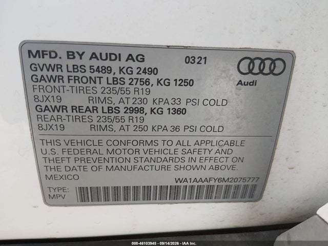 46103945 :رقم المزاد ، WA1AAAFY6M2075777 vin ، 2021 Audi Q5 Premium 45 Tfsi Quattro S Tronic مزاد بيع