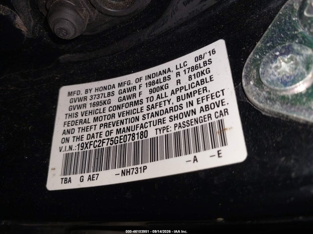 46103951 :رقم المزاد ، 19XFC2F75GE078180 vin ، 2016 Honda Civic Ex مزاد بيع
