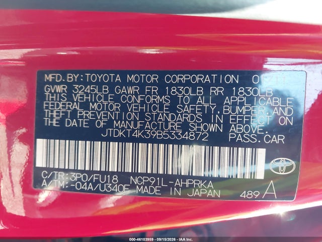 Aukcja sprzedaży 2011 Toyota Yaris, vin: JTDKT4K39B5334872, numer aukcji: 46103959