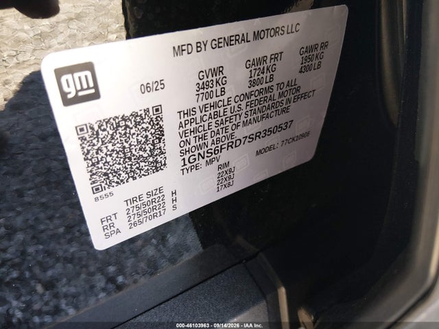 2025 Chevrolet Suburban 4wd Premier მანქანა იყიდება აუქციონზე, vin: 1GNS6FRD7SR350537, აუქციონის ნომერი: 46103963