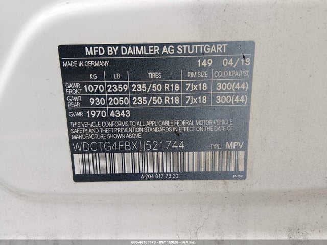 Aukcja sprzedaży 2018 Mercedes-benz Gla 250, vin: WDCTG4EBXJJ521744, numer aukcji: 46103970