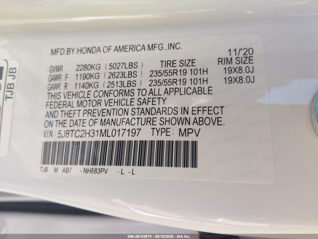46103979 :رقم المزاد ، 5J8TC2H31ML017197 vin ، 2021 Acura Rdx Standard مزاد بيع