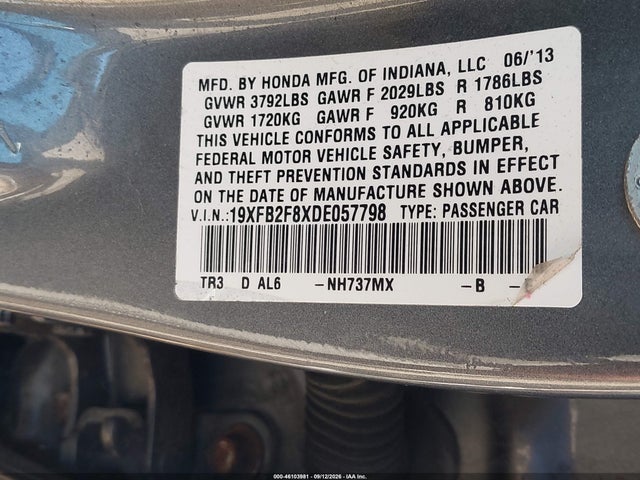 2013 Honda Civic Ex მანქანა იყიდება აუქციონზე, vin: 19XFB2F8XDE057798, აუქციონის ნომერი: 46103981