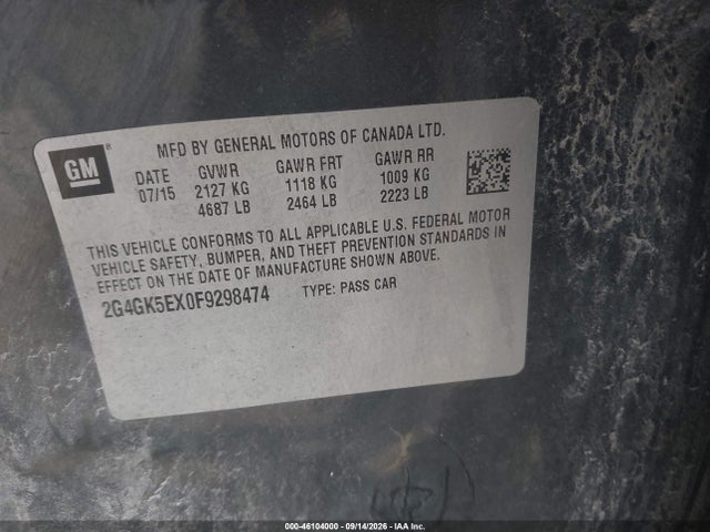 46104000 :رقم المزاد ، 2G4GK5EX0F9298474 vin ، 2015 Buick Regal Turbo مزاد بيع