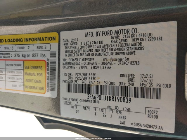 46104010 :رقم المزاد ، 3FA6P0LU1KR190839 vin ، 2019 Ford Fusion Hybrid Se مزاد بيع