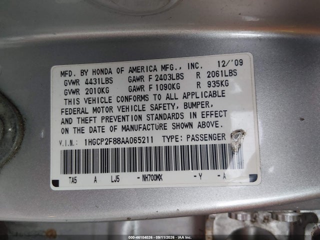 Aukcja sprzedaży 2010 Honda Accord 2.4 Ex-l, vin: 1HGCP2F88AA065211, numer aukcji: 46104026