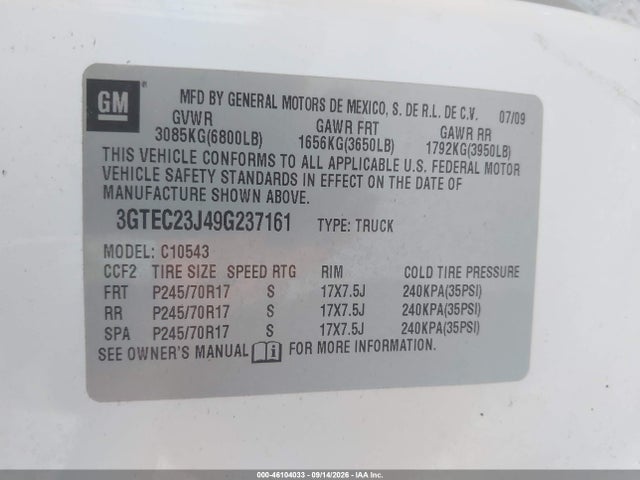 Продаж на аукціоні авто 2009 Gmc Sierra 1500 Sle, vin: 3GTEC23J49G237161, номер лоту: 46104033