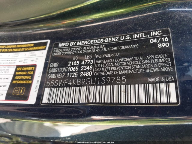 46104039 :رقم المزاد ، 55SWF4KB9GU159785 vin ، 2016 Mercedes-benz C 300 Luxury 4matic مزاد بيع
