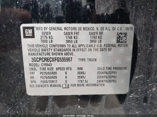Продажа на аукционе авто 2015 Chevrolet Silverado 1500 1lt, vin: 3GCPCRECXFG535967, номер лота: 46104042