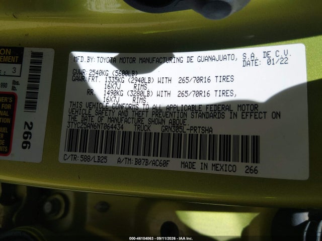 46104063 :رقم المزاد ، 3TYCZ5AN6NT064434 vin ، 2022 Toyota Tacoma Trd Pro مزاد بيع
