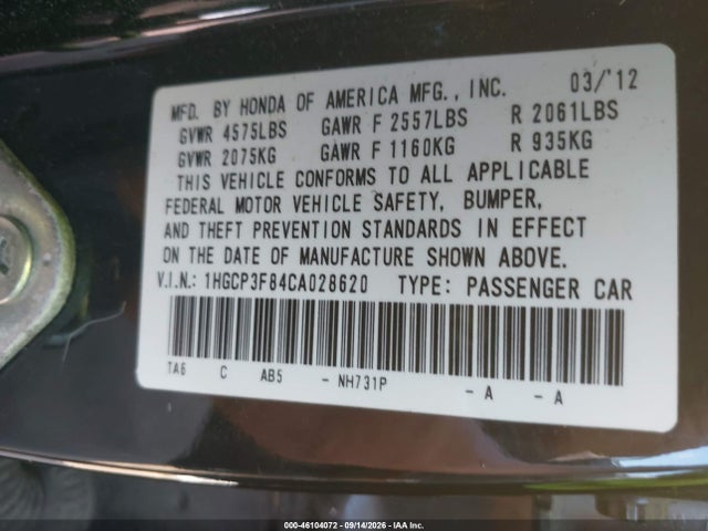 46104072 :رقم المزاد ، 1HGCP3F84CA028620 vin ، 2012 Honda Accord 3.5 Ex-l مزاد بيع