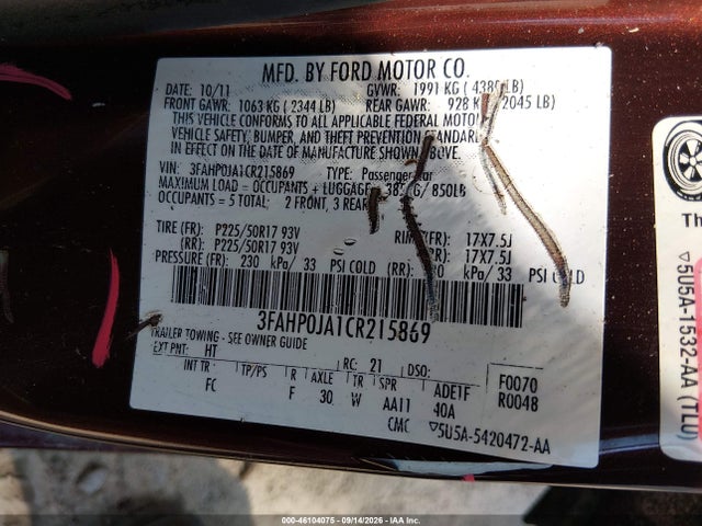 2012 Ford Fusion Sel მანქანა იყიდება აუქციონზე, vin: 3FAHP0JA1CR215869, აუქციონის ნომერი: 46104075