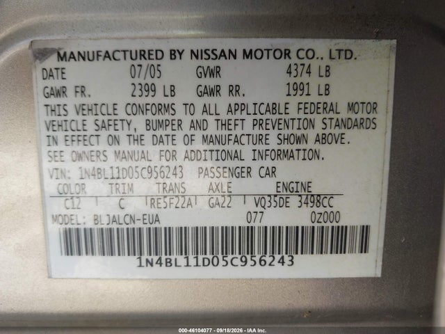 2005 Nissan Altima 3.5 Se მანქანა იყიდება აუქციონზე, vin: 1N4BL11D05C956243, აუქციონის ნომერი: 46104077