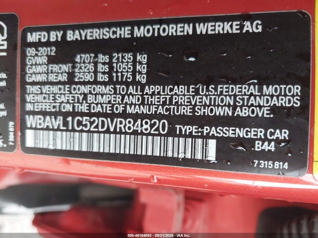 46104092 :رقم المزاد ، WBAVL1C52DVR84820 vin ، 2013 Bmw X1 Xdrive28i مزاد بيع