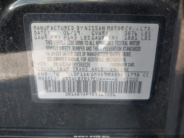 Aukcja sprzedaży 2019 Nissan Sentra S, vin: 3N1AB7AP7KY369226, numer aukcji: 46104119
