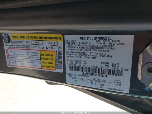 Продажа на аукционе авто 2019 Ford Fusion Hybrid Se, vin: 3FA6P0LUXKR190838, номер лота: 46104124