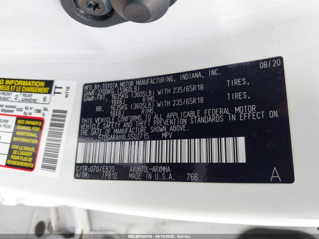 Aukcja sprzedaży 2020 Toyota Highlander Hybrid Xle, vin: 5TDGARAHXLS502715, numer aukcji: 46104134