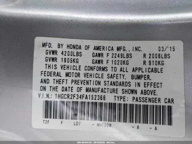 Honda ACCORD LX 2015 1HGCR2F34FA152366 Image 9