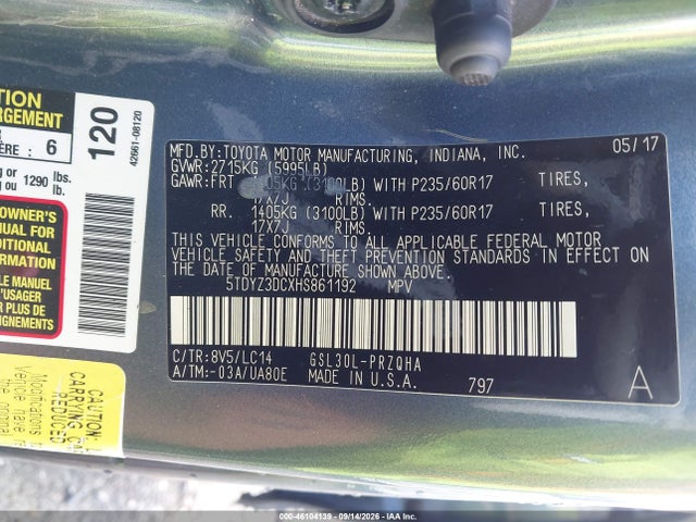 Aukcja sprzedaży 2017 Toyota Sienna Xle 8 Passenger, vin: 5TDYZ3DCXHS861192, numer aukcji: 46104139
