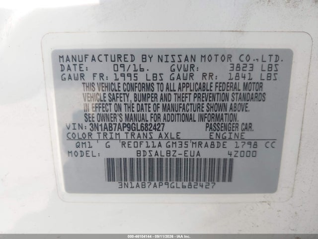 2016 Nissan Sentra S მანქანა იყიდება აუქციონზე, vin: 3N1AB7AP9GL682427, აუქციონის ნომერი: 46104144