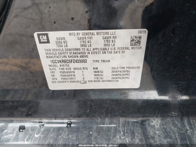 Aukcja sprzedaży 2015 Chevrolet Silverado 1500 2lt, vin: 1GCVKREC6FZ433902, numer aukcji: 46104146