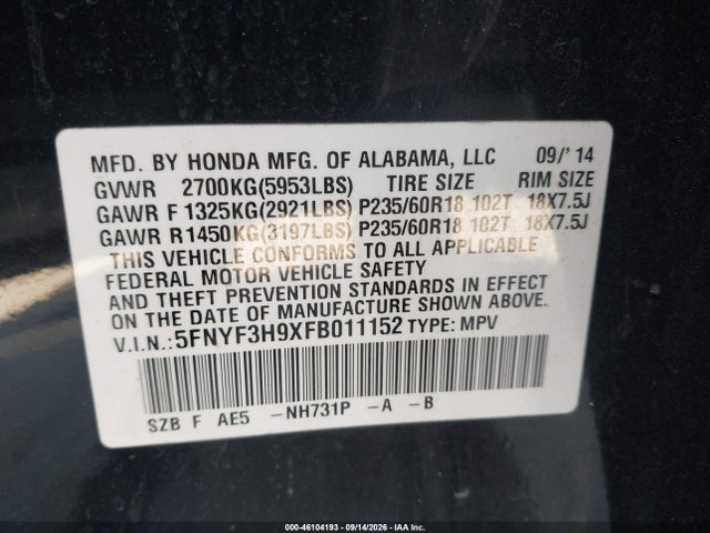 Продаж на аукціоні авто 2015 Honda Pilot Touring, vin: 5FNYF3H9XFB011152, номер лоту: 46104193
