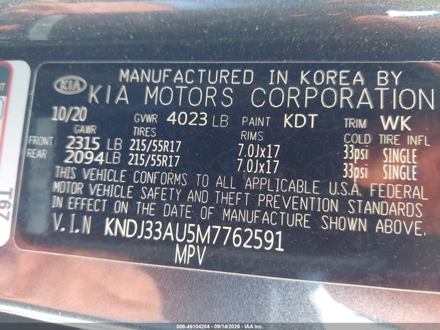 2021 Kia Soul Ex მანქანა იყიდება აუქციონზე, vin: KNDJ33AU5M7762591, აუქციონის ნომერი: 46104204